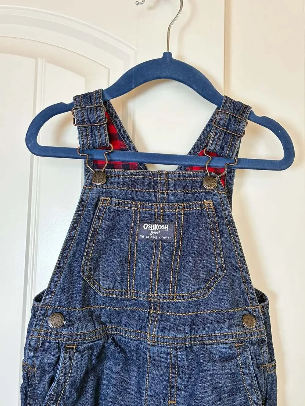 OshKosh B'gosh Red and Black Buffalo Plaid Lined Denim Overalls Size 24M